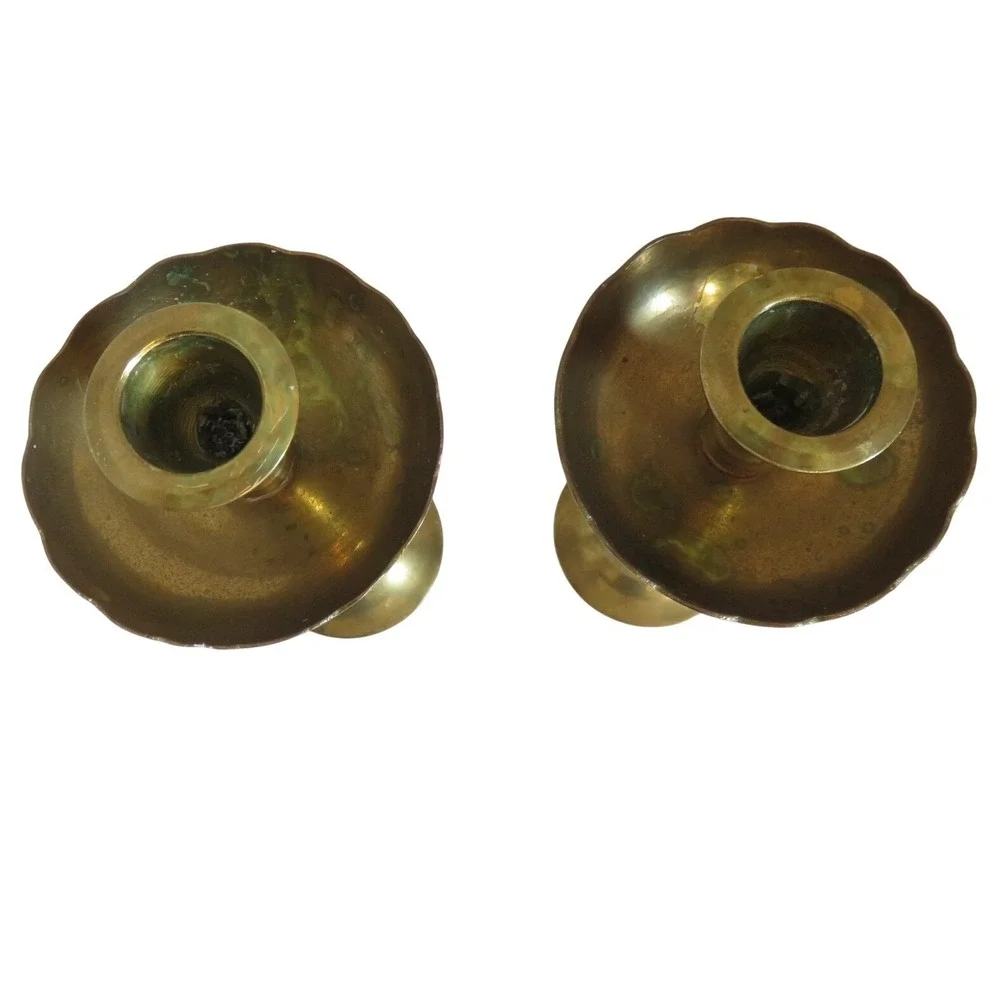 Vintage Solid Brass Scalloped Bobeche‎ Taper Candlestick Holders Pair 8.5 Inch